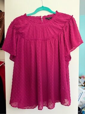 J. Crew Fuchsia Swiss Dot Flutter Sleeve Blouse